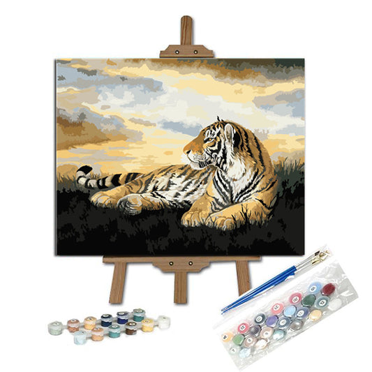 Pintar con numeros Rey tigre en la puesta del sol