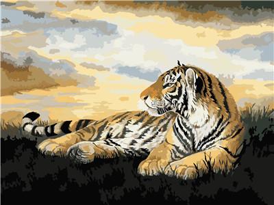 Pintar con numeros Rey tigre en la puesta del sol