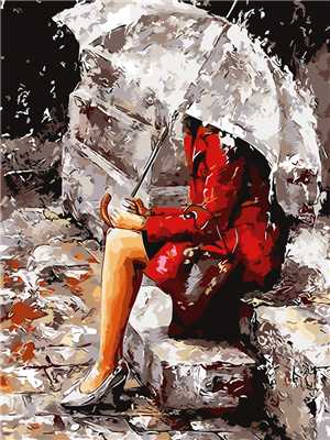 Pintar con numeros Una mujer con un paraguas bajo la lluvia